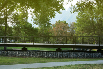 Picturesque view of bridge with metal railing and many trees in park