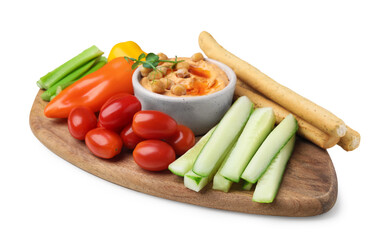Board with delicious hummus, grissini sticks and fresh vegetables on white background