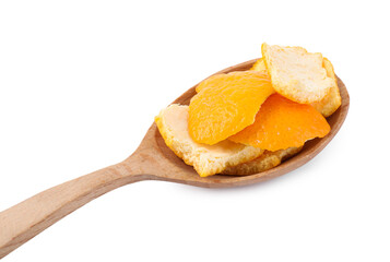 Spoon with orange peels preparing for drying isolated on white