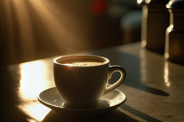 Fototapeta premium cup of coffee in warm sunlight created with Generative AI technology