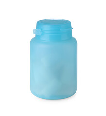 Light blue jar with chewing gums isolated on white