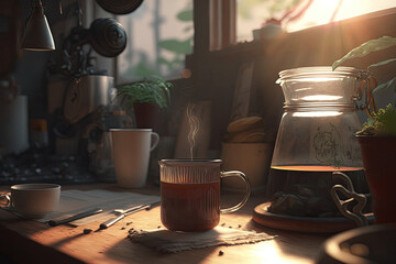 cup of coffee in warm sunlight created with Generative AI technology