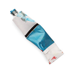 Tube with oil paint on white background, top view