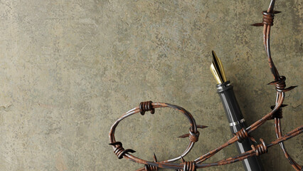 A fountain pen for free speech between barbed wire. 3d rendering