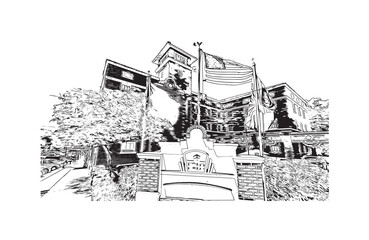 Building view with landmark of Prescott is a city in central Arizona. Hand drawn sketch illustration in vector.