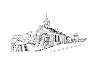 Building view with landmark of Prescott is a city in central Arizona. Hand drawn sketch illustration in vector.