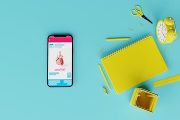 A phone with a school application on the background of school supplies such a notebook, scissors, pencils. Concept of back to school, learning, school exams. 3d rendering, 3d illustration.