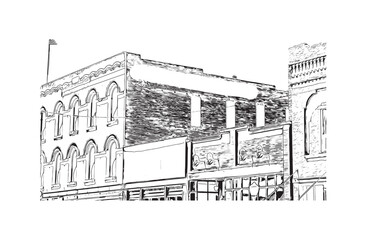 Building view with landmark of Prescott is a city in central Arizona. Hand drawn sketch illustration in vector.
