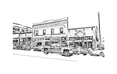 Building view with landmark of Prescott is a city in central Arizona. Hand drawn sketch illustration in vector.
