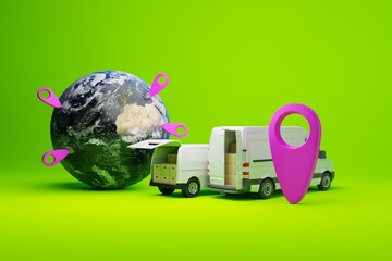 Vans, buses against the background of the planet and GEO markers. The concept of parcel delivery, logistics and courier work. 3D render, 3D illustration.