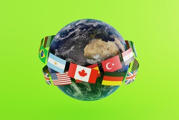 Planet Earth entwined by flags of different countries. Business and geopolitical concept, unification of countries, togetherness. 3D render, 3D illustration.