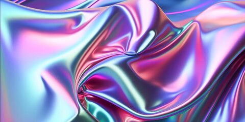 Abstract colorful smooth wavy elegant holographic silk cloth texture design, dynamic shiny luxury metallic satin fabric wave background, Ai generated