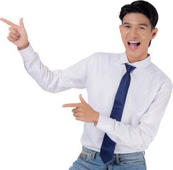 Portrait young asian business man pointing and presenting, advertising and marketing, executive and manager, businessman confident showing something with expression.