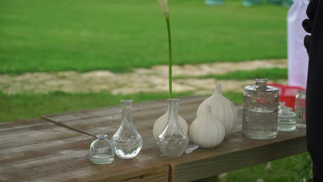 Glass transparent flower vases with water on the table. Preparation for holiday, party, wedding reception.