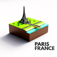 Eiffel tower concept in Paris, France. Miniworld in the form of a cube with the Eiffel Tower in France. 3D render, 3D illustration.