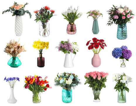 Collage with many beautiful bouquets and flowers in different vases on white background