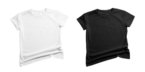 Stylish t-shirts on white background, top view