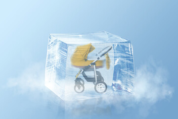 Conservation of genetic material. Baby carriage in ice cube as cryopreservation on light blue...