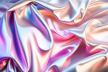Abstract colorful smooth wavy elegant holographic silk cloth texture design, dynamic shiny luxury metallic satin fabric wave background, Ai generated