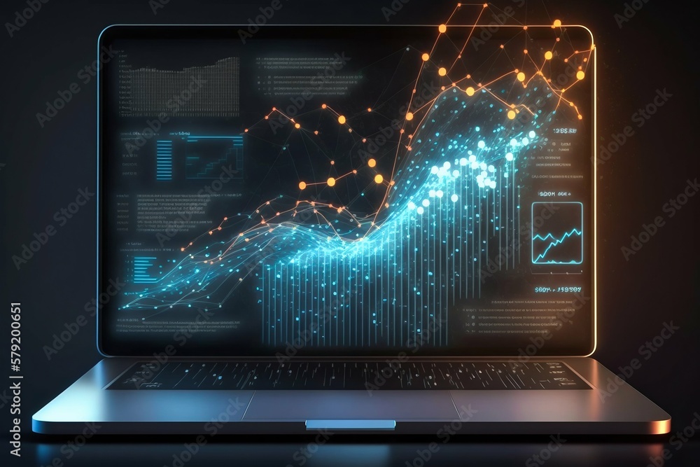 Poster laptop with business data diagrams and charts on display. generative ai