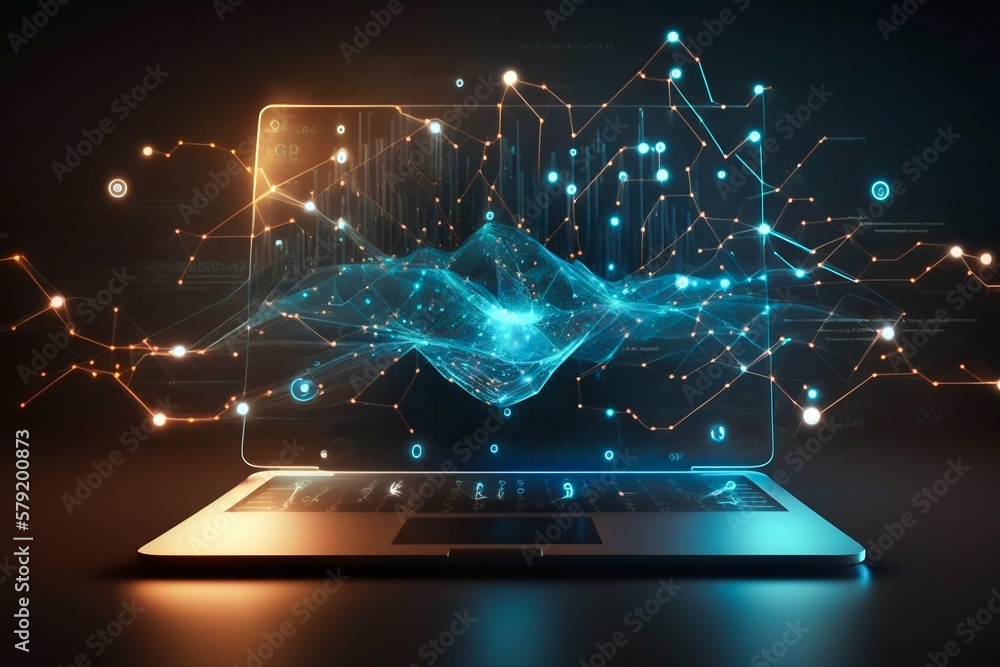 Poster laptop with business data diagrams and charts on display. generative ai