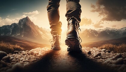 Hiker walking in mountains. Generative AI