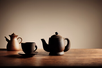 A cup of coffee on a dark wooden table, accompanied by a nearby teapot, may not reveal the cozy atmosphere it promotes. This setting is an ideal place to relax. Generated by Artificial Intelligence.