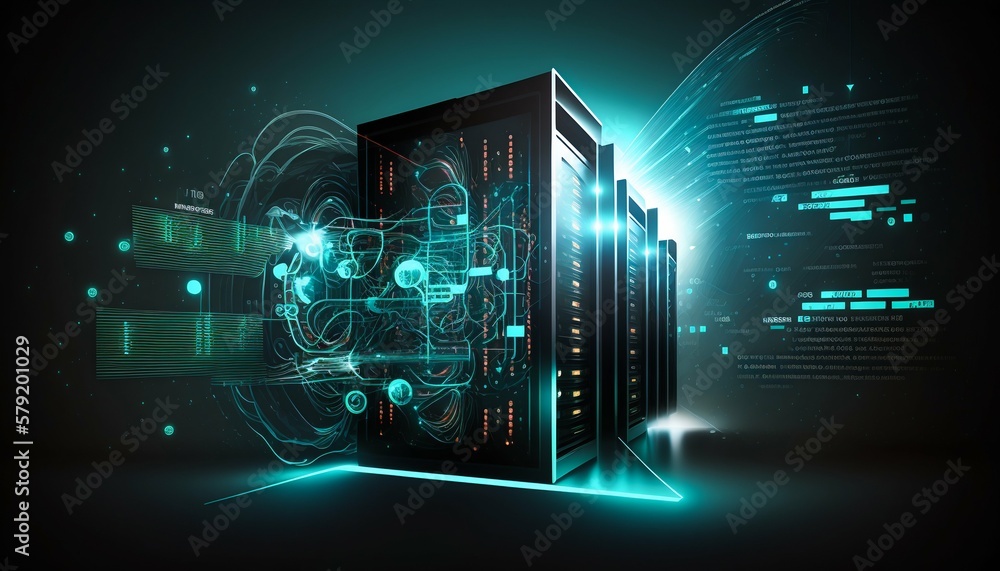 Poster data center and computer servers with information background. generative ai