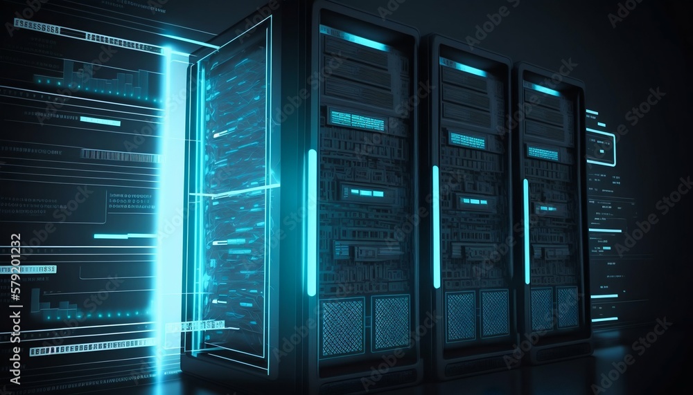 Poster data center and computer servers with information background. generative ai
