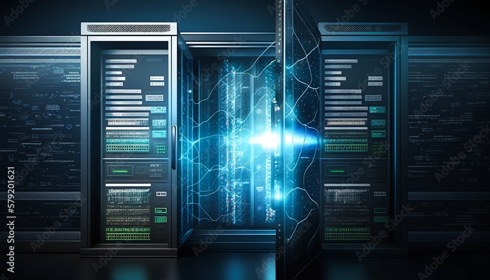 Poster data center and computer servers with information background. generative ai