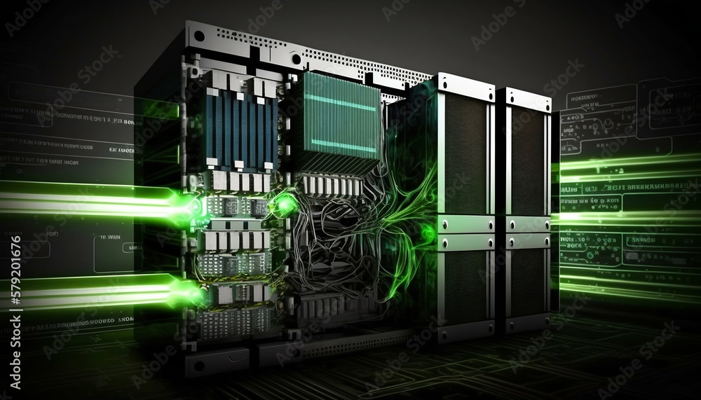 Poster data center and computer servers with information background. generative ai