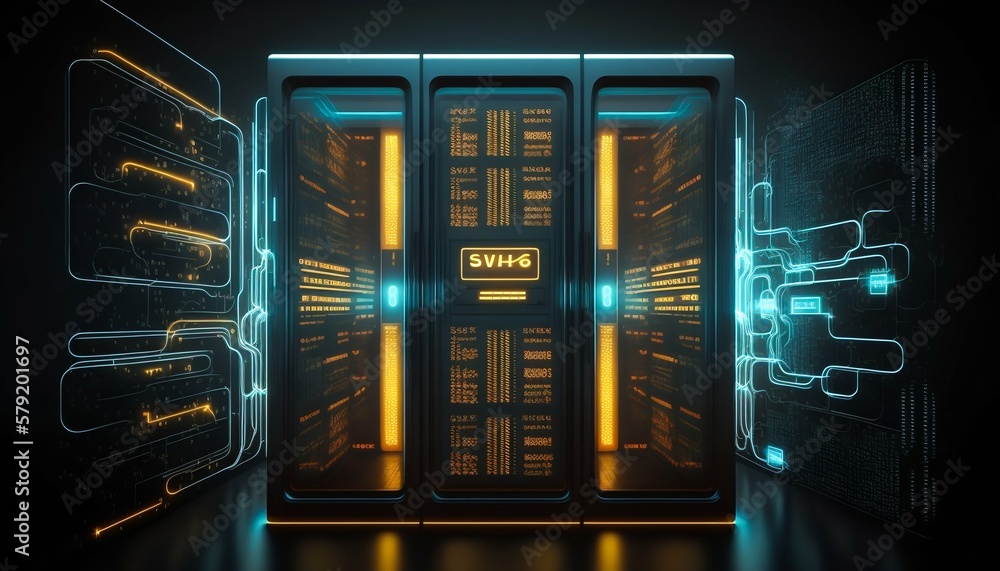 Poster data center and computer servers with information background. generative ai