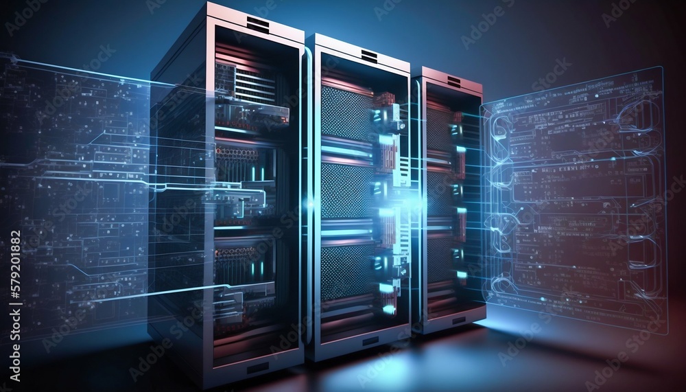 Poster data center and computer servers with information background. generative ai