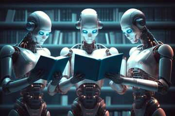  Three humanoid robots reading books in a library, The machine learning of artificial intelligence, Generative AI - obrazy, fototapety, plakaty