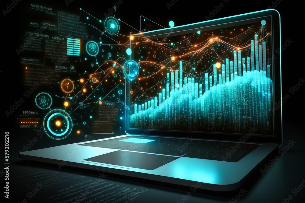 Poster laptop with business data diagrams and charts on display. generative ai
