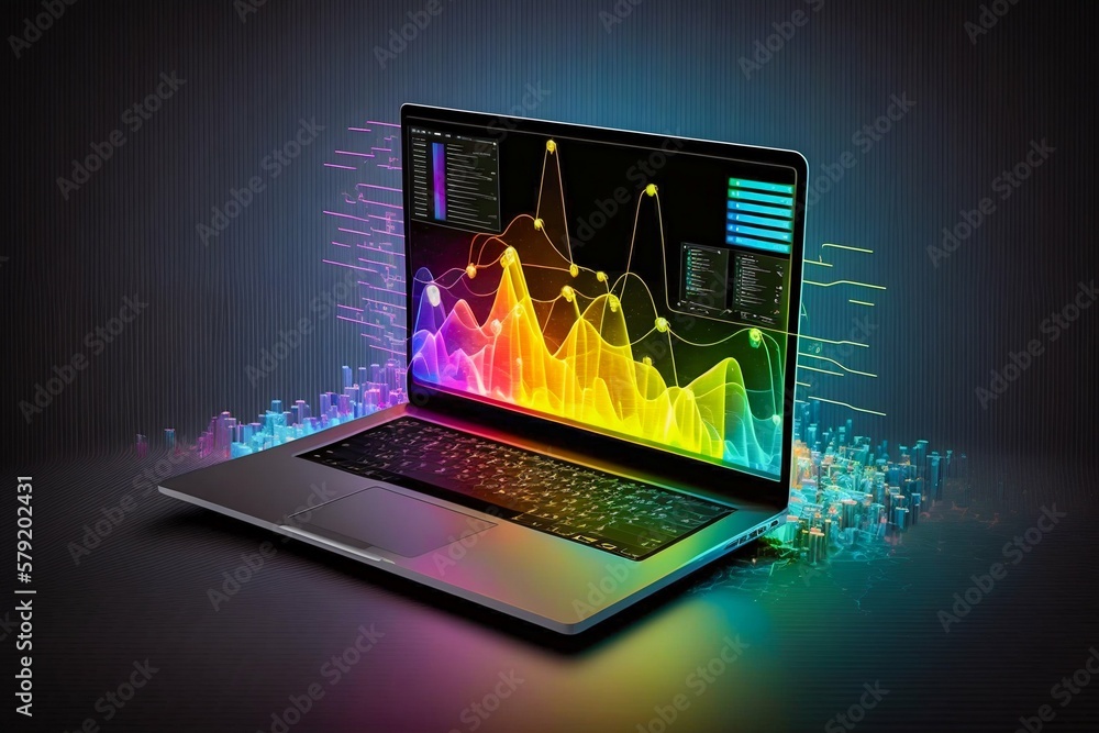Poster laptop with business data diagrams and charts on display. generative ai