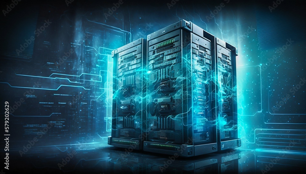 Poster data center and computer servers with information background. generative ai