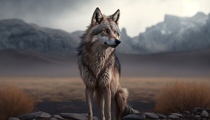 Wolf on mountain valley background. Wildlife animal nature. Generative AI technology.
