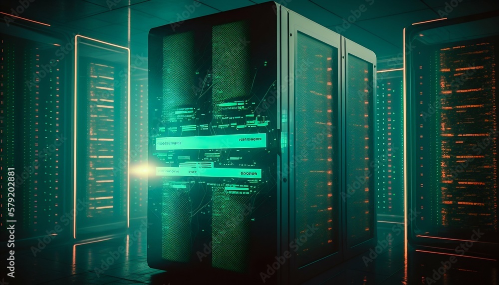 Poster data center and computer servers with information background. generative ai