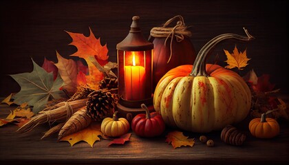 Naklejka na ściany i meble Thanksgiving day background with pumpkins decor