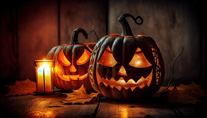 Halloween pumpkin head jack lantern with burning candle