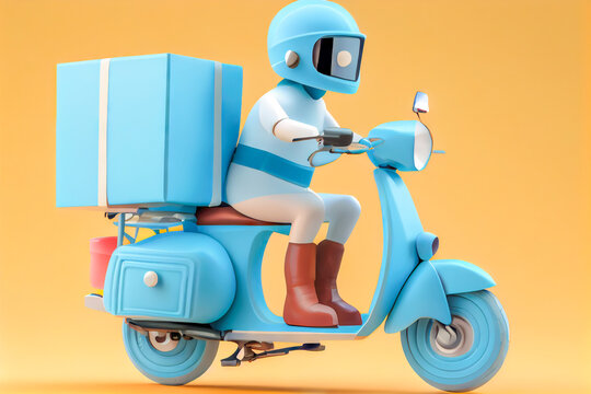 concept of fast delivery, blue robot on the electrobike