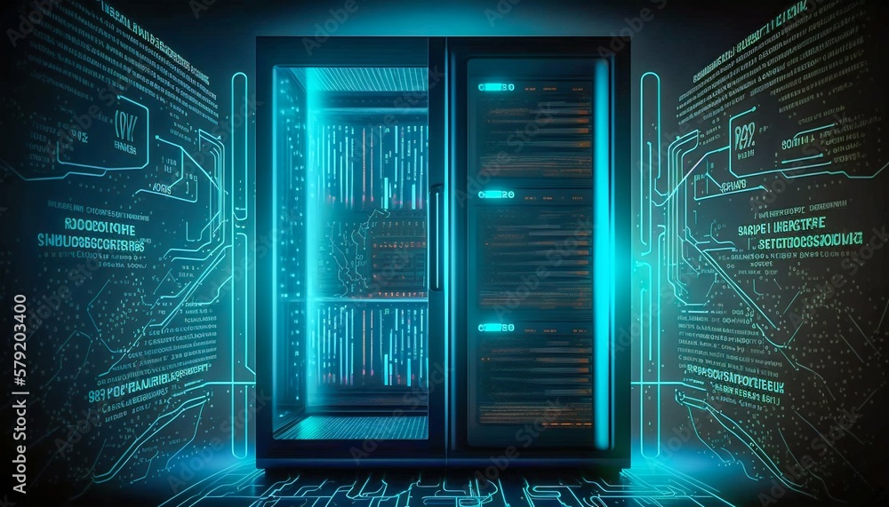 Poster data center and computer servers with information background. generative ai