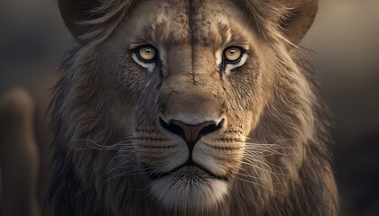 Fototapeta na wymiar Front view lion king face close up. Wildlife animal. Generative AI technology.