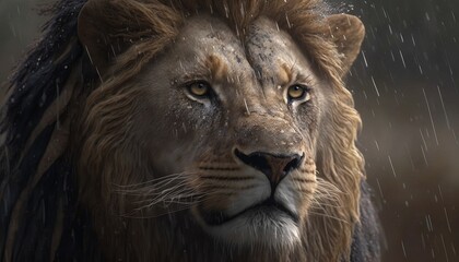 Naklejka premium Lion king face close up on rain background. Wildlife animal. Generative AI technology.