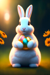 Illustration with easter eggs and rabbit. Generative AI.