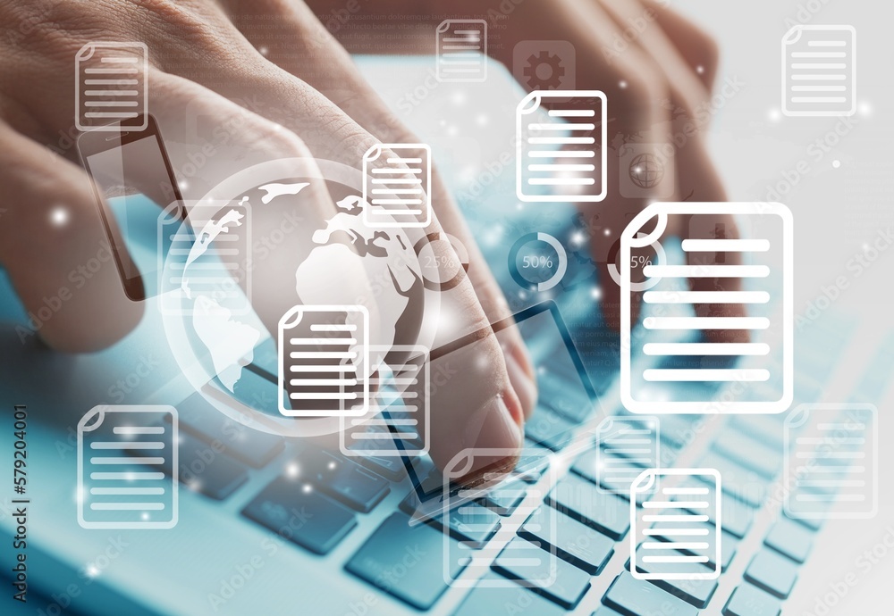 Poster corporate data system with document images on office desk background