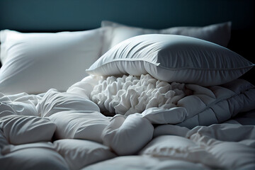 Fototapeta premium White sheets and pillow background, messy bed concept.generative ai