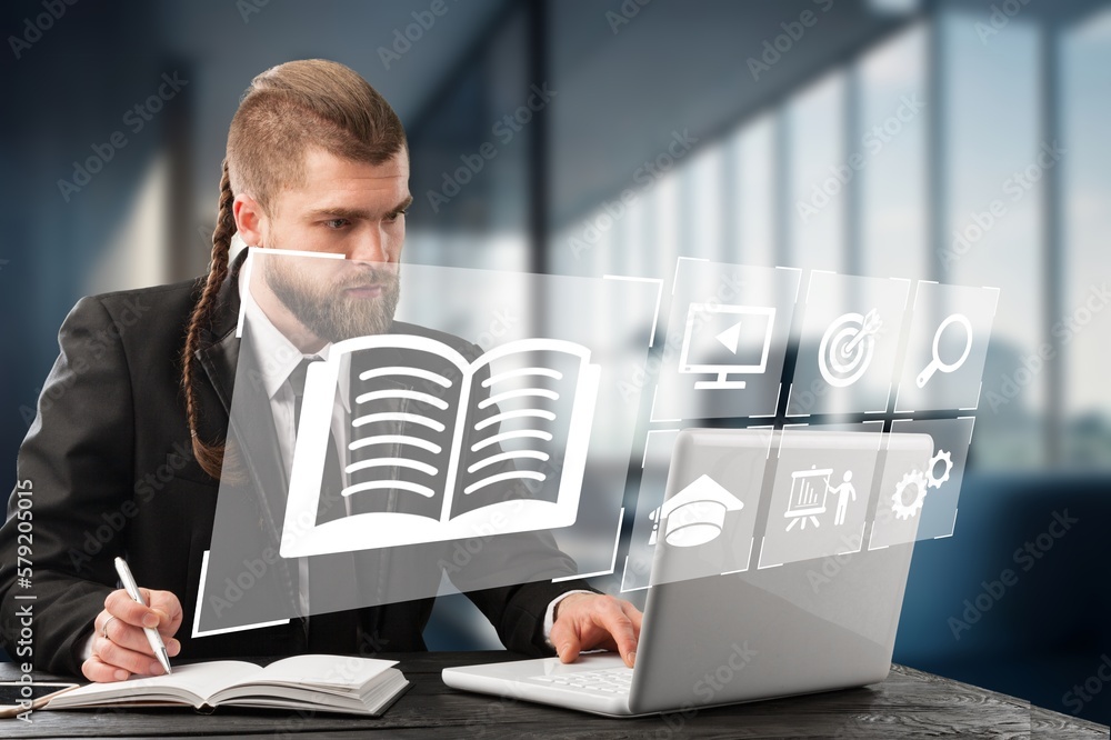 Poster corporate data system with document images on office desk background