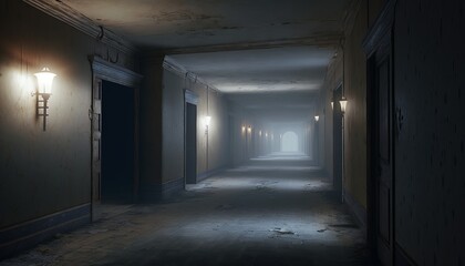 Empty hallway of classic hotel corridor background. Generative AI technology.	